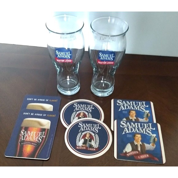 2 SAM ADAMS BOSTON LAGER Perfect Pint Sensory Beer Glasses & 6 Vintage Coasters - Picture 2 of 16